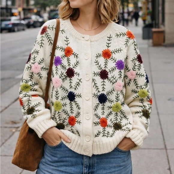 Kilmon Sweaters - Kimlon Embroidered Floral Print Cardigan Sweater Size Large